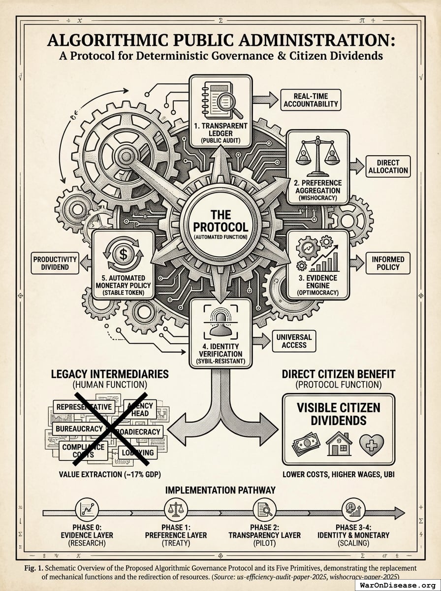 A protocol combining five primitives (transparent ledger, preference aggregation, evidence engine, identity verification, automated monetary policy) to replace mechanical government functions, recover visible citizen dividends, and stop wasting 17% (95% CI: 12.6%-22.6%) of GDP on humans doing robot work, while preserving democratic control.